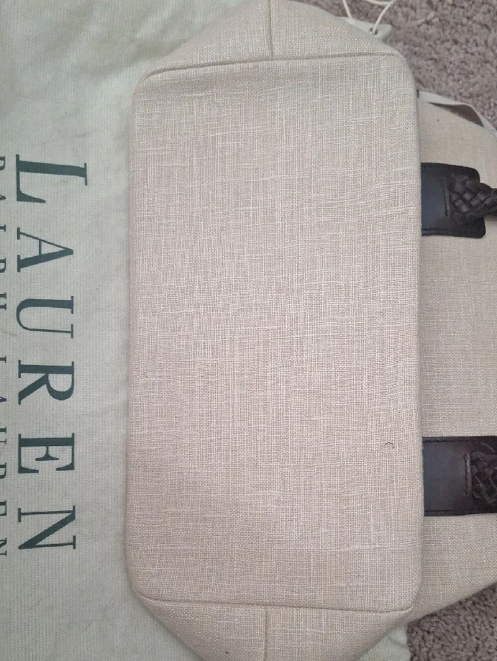 LAUREN - Ralph Lauren Beige Linen Purse with Brown Leather Braided Handles